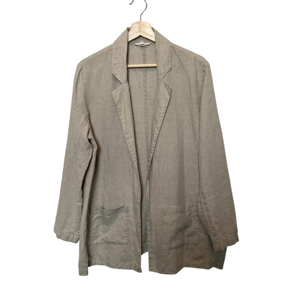 EILEEN FISHER Women Organic Linen Blazer Medium Size Beige Pockets Open Front